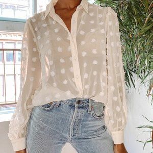 Secret Spot Cream Dotted Sheer Long Sleeve Button-Up Top